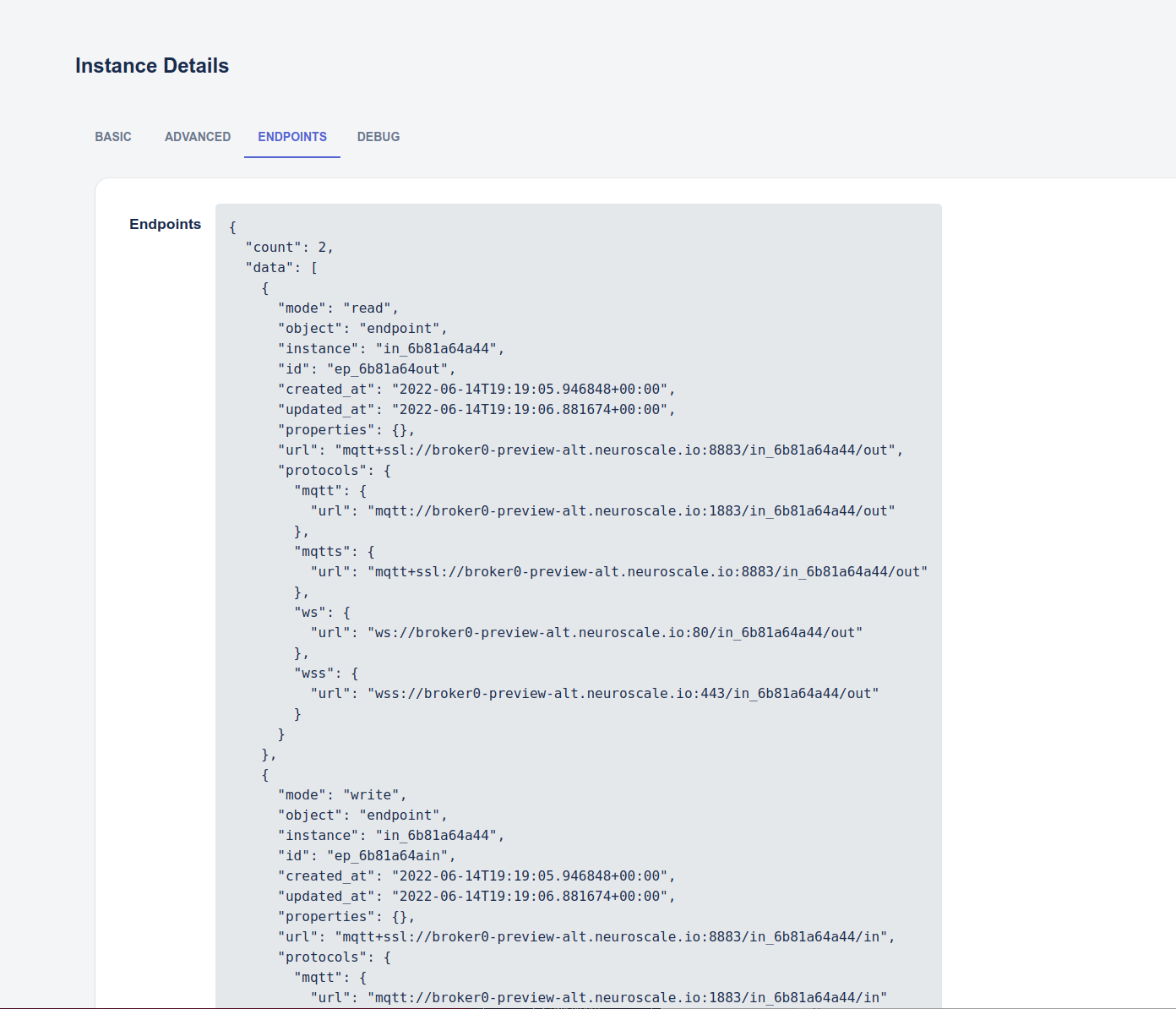 View a Streaming Instance - Endpoints tab