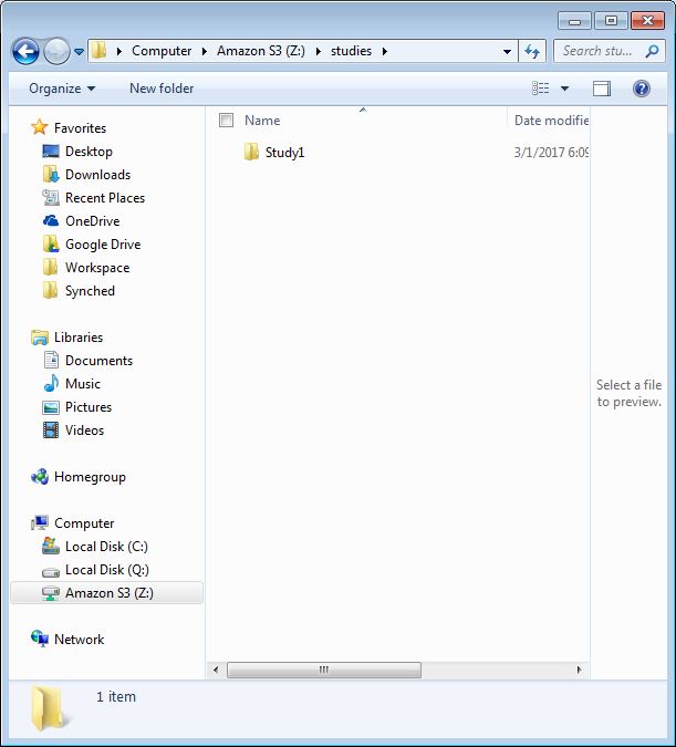 Amazon S3 bucket mapped onto Z:\studies\ using the ExpandDrive app.