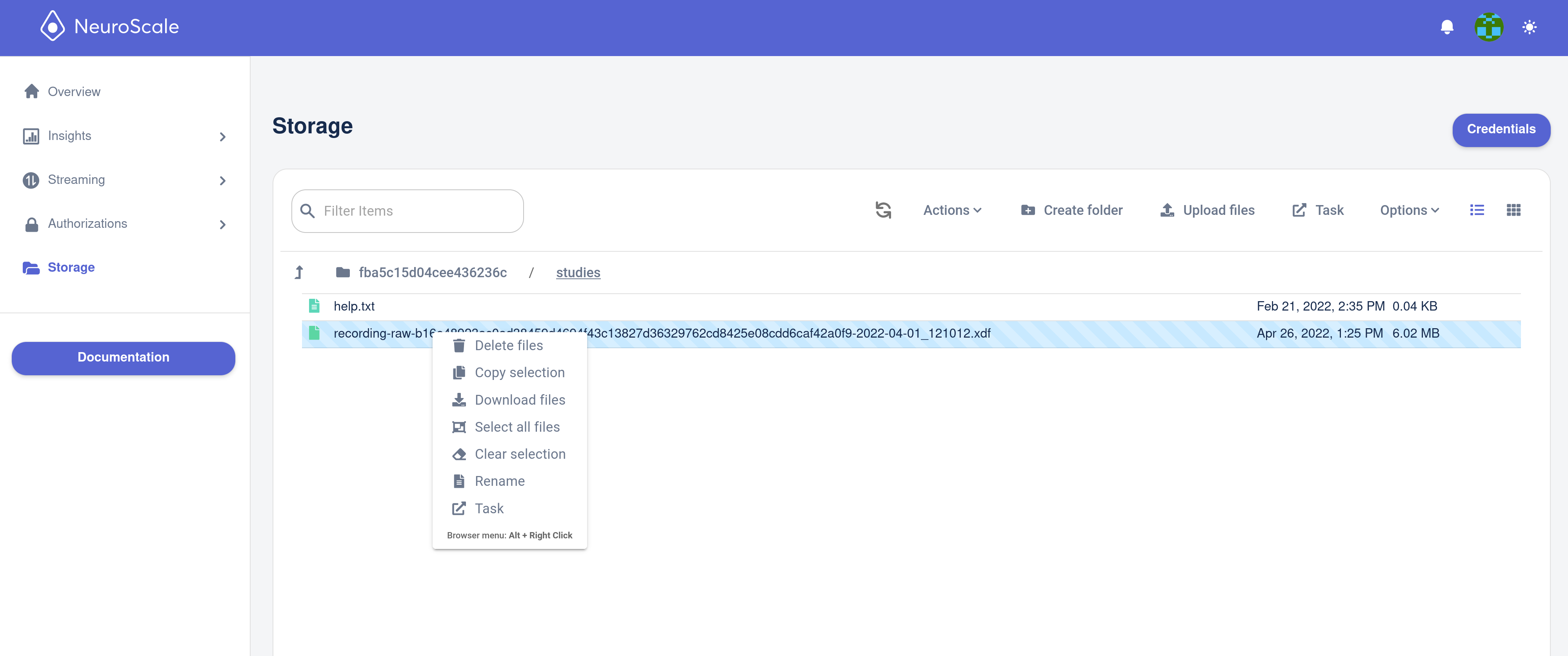 Figure 1. Create a Task from the Storage page.