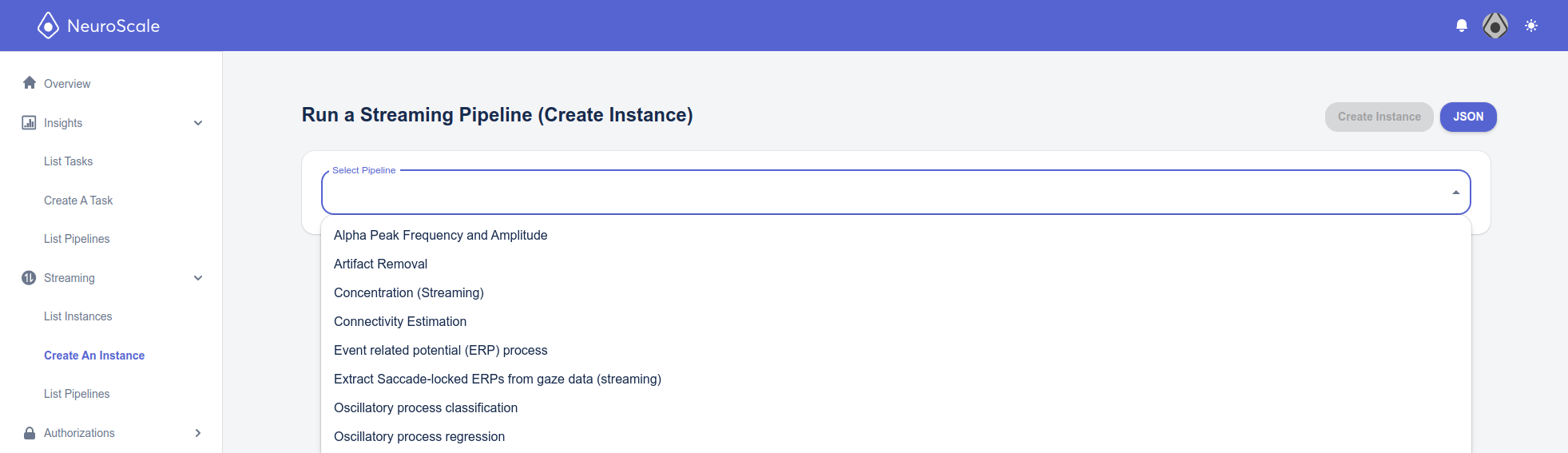 Select a Streaming Pipeline.