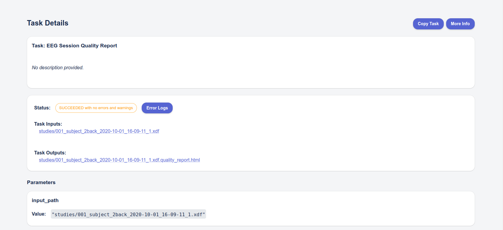 Details of an Insights pipeline run after completion
