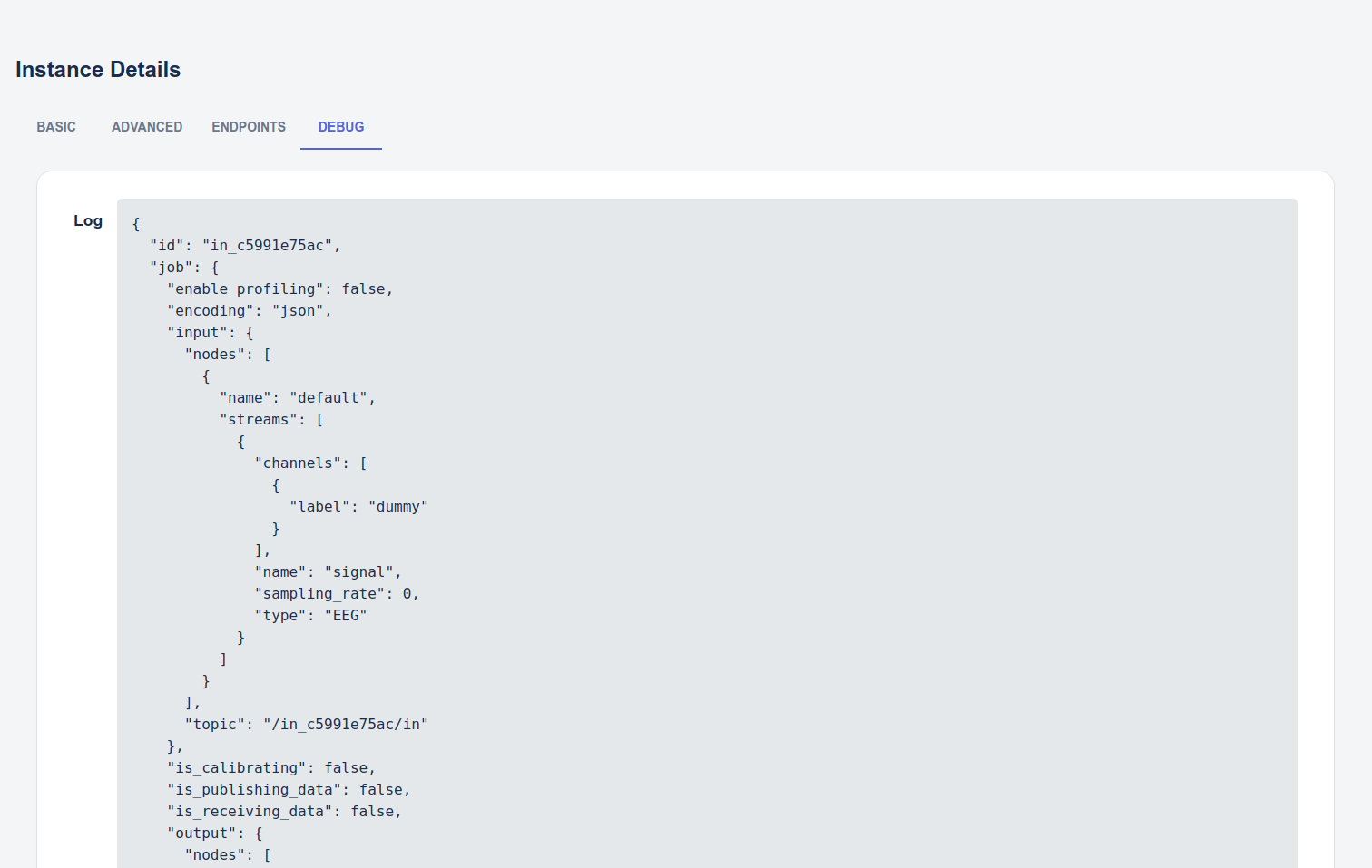 Viewing a Streaming Instance - Debug tab.